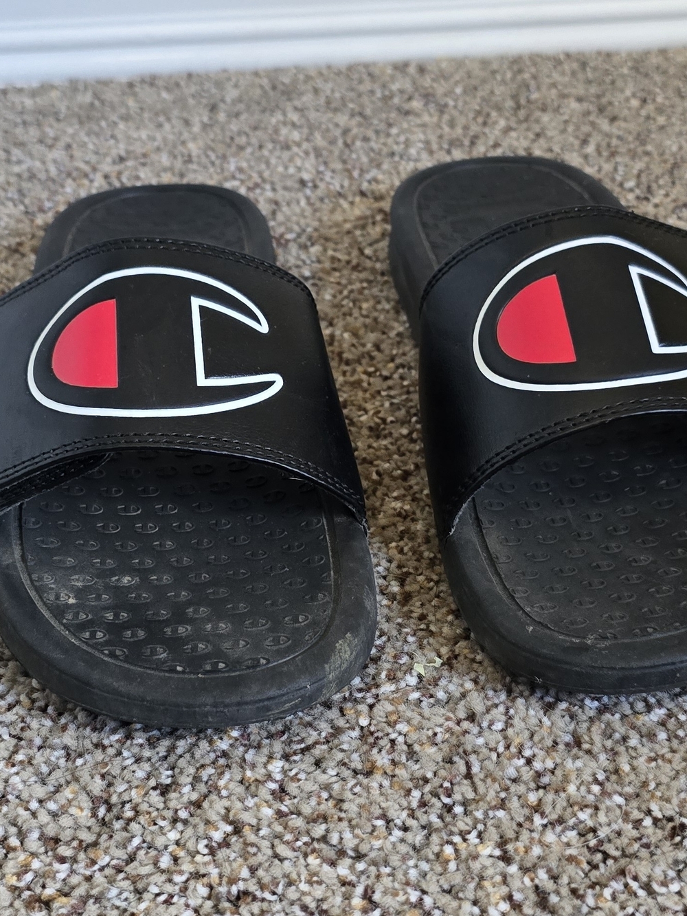 Champion Black Slide Sandals with Red Logo Accent